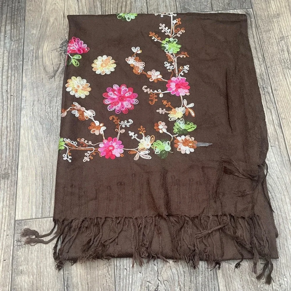 Brown Embroidered Floral Scarf Shawl Wrap Fringe Women's‎ Fashion Accessory